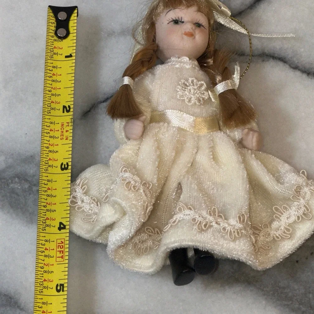 Vintage Porcelain Doll Christmas Ornament Cream Lace Dress Braids 5 Inch